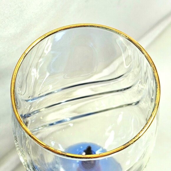 2 Libbey Crystal Blue Water Wine Glasses 8" Cobalt swag optic vintage gold trim - Picture 6 of 8